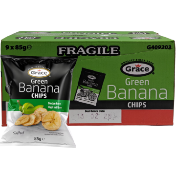 Grace Green Banana Chips - Pack of 9 x 85g - Gluten Free, High in Fibre