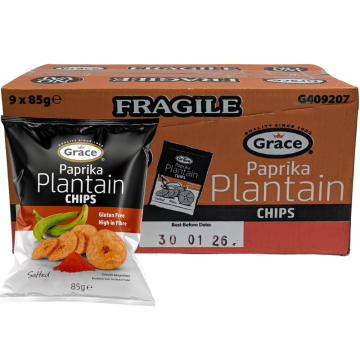 Grace Paprika Plantain Chips - Pack of 9 x 85g - Gluten Free, High in Fibre