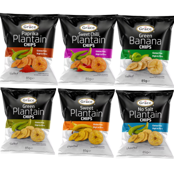 Grace Gluten Free Chips Mix - Pack of 6 x 85g (1 Each Flavours: Paprika, No Salt, Green Banana, Green Plantain, Sweet Chilli, Sweet Plantain)