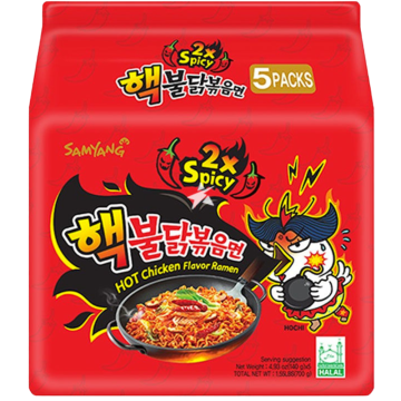 Samyang Buldak 2x Spicy Hot Chicken Flavour Ramen - Pack of 5 x 140g - Stir-Fried Ramen, Halal