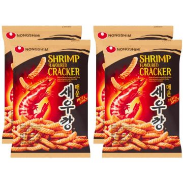Nongshim Hot & Spicy Shrimp Crackers (300g) - Pack of 4 x 75g - Crispy Flavored Snack