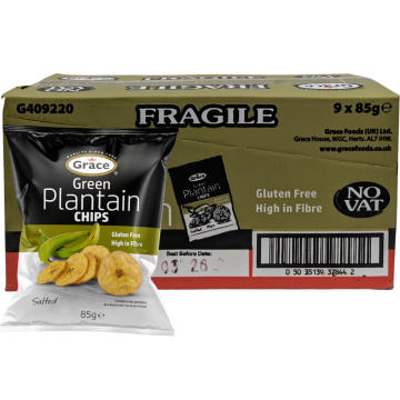 Grace Green Plantain Chips - Pack of 9 x 85g - Gluten Free, High in Fibre