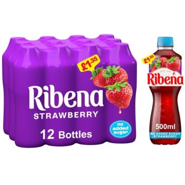 Ribena Strawberry Juice Drink PMP - Pack of 12 x 500ml - No Added Sugar • Best Before Jan 2026