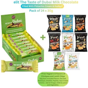 Elit Dubai Milk Chocolate Filled with Pistachio Cream & Kadayif - Pack of 24 x 30g + FREE Vegeat’s 8-Flavour Chickpea & Lentil Chip 50g Each (Sea Salt, Barbecue, Cheddar, Paprika, Sour Cream & Onion, Salt & Vinegar, Chilli & Lemon, Vegetables)