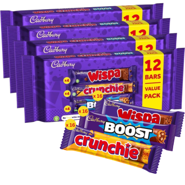 Cadbury Assorted Chocolate Bars Multipack - Pack of 48 - Includes: 16 x 37g (Boost), 16 x 26.1g (Crunchie), & 16 x 23.7g (Wispa) - Snack Pack