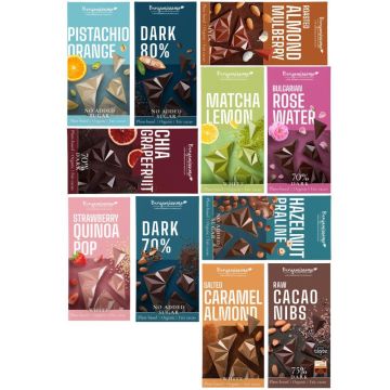 Benjamissimo Organic Vegan Chocolate 60g x11 - Roasted Almond Mulberry, Raw Cacao 75%, Chia Grapefruit 70%, Dark 70%, Hazelnut Praline, Dark 80%, Pistachio Orange, Matcha Lemon White, Strawberry Quinoa White, Rose Water 70% Dark, Salted Caramel Almond Whi