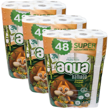 Bamboo Toilet Rolls 3Ply - Pack of 144 Rolls (3x48 Rolls) - Super Advantage Pack - Fluffy Plies, Eco-Friendly, Soft and Durable Aqua Toilet Paper