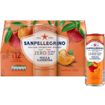 Sanpellegrino Zero Peach & Clementine Sparkling Drink - Pack of 12 x 330ml - No Added Sugars, Low Calories with Italian Fruit Juice