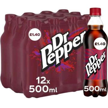 Dr. Pepper 500ml Bottles PMP - Pack of 12 - Soft Drinks Perfect For On-The-Go Beverage, Best Before: 31/03/2026