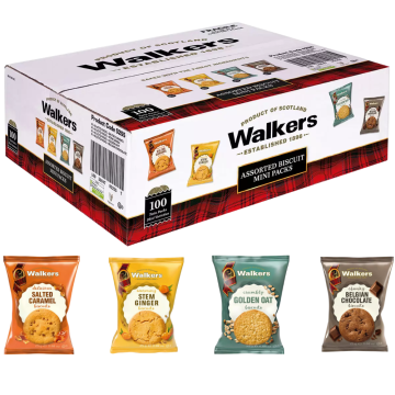 Walkers Assorted Mini Biscuits - Pack of 100 x 25g - Flavours: 25x Salted Caramel, 25x Stem Ginger, 25x Golden Oat & 25x Belgian Chocolate
