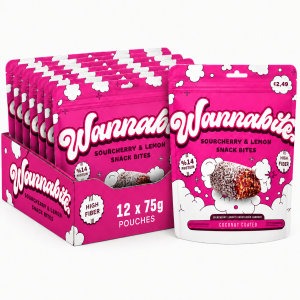 Wannabite Sour Cherry & Lemon Coconut Coated Snack Bites PMP, Pack of 12 x 75g - Sweet & Tangy Snack Bites