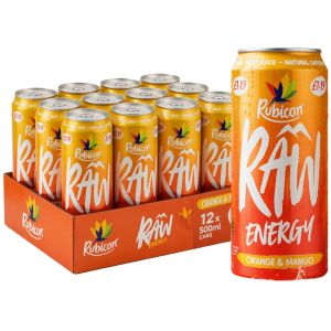 Rubicon Raw Orange and Mango Energy Drink PMP  - Pack of 12 x 500ml Cans Tropical Fruit Energy Boost