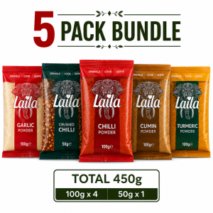Laila Essential Cooking Spice Bundle 450g - Pack of 5 (1x Garlic Powder (100g), 1x Chilli Powder (100g), 1x Crushed Chilli (50g), 1x Cumin Powder (100g) & 1x Turmeric Powder (100g)