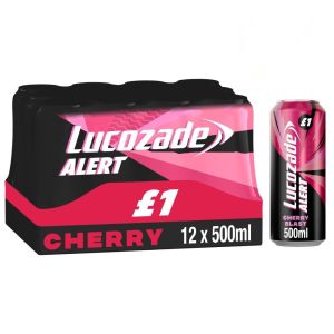 Lucozade Alert Cherry Blast Caffeinated Energy Drink PMP Can - Pack of 12 x 500ml