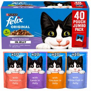 Purina Felix Original Mixed Selection in Jelly Adult Wet Cat Food – 40 x 85g (Flavours: 10x White Fish, 10x Chicken, 10x Lamb, 10x Salmon)