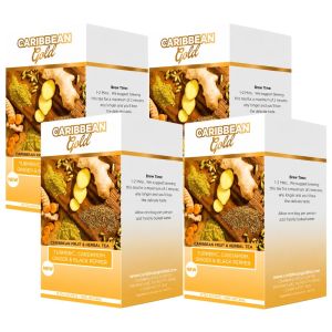 Caribbean Gold Turmeric, Cardamom, Ginger & Black Pepper Fruit & Herbal Tea - 72 Herbal Tea Sachets - (Pack of 4 x 18 Sachets) x 31.5g, Green Tea & Spice Blend