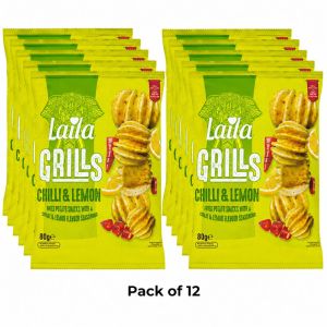 Laila Grills Chilli & Lemon Fried Potato Snacks, Pack of 12 x 80g - Tangy Chilli & Lemon Flavour