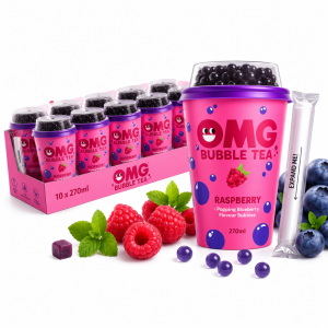 OMG Raspberry Bubble Tea with Blueberry Popping Bubbles, Pack of 10 x 270ml - Bursting Bubble Tea Beverage