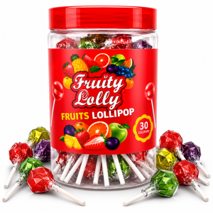Fruity Lolly Assorted Fruit Flavoured Lollipops – 30 Pack Candy Jar (Flavours: Green Apple, Strawberry, Cola, Blueberry & Tropical Fruit)
