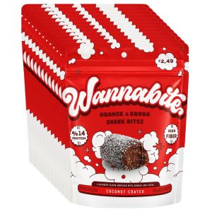 Wannabite Orange & Cocoa Snack Bites PMP, Pack of 12 x 75g – High Fibre, 14% Protein & Coconut Coated Energy Treats