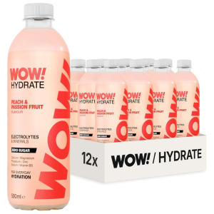 WOW Hydrate Peach & Passion Fruit Electrolyte Drink, Pack of 12 x 500ml - Zero Sugar , Non-Carbonated