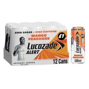 Lucozade Alert Mango Peachade Energy Drink PMP, Zero Sugar + High Caffeine Can - Pack of 12 x 500ml