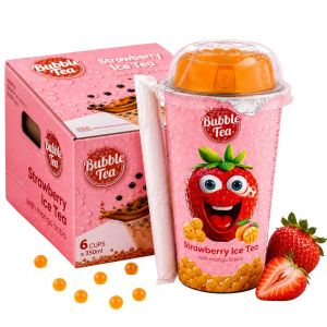 Bubble Tea Strawberry Ice Tea with Mango Boba, Pack of 6 x 350ml - Ready to Drink Bubble Tea Cups