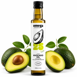 Omega Pressery Light Avocado Oil –– 250ml Glass Bottle –– For Cooking , Grilling , Frying & Roasting