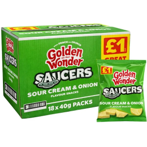 Golden Wonder Saucers Sour Cream & Onion Flavour Snacks - Pack of 18 x 40g - Crispy Crunchy Treats - Best Before: 04.07.2026
