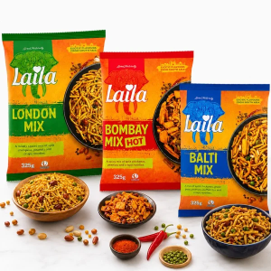 Laila Crunchy Snack Mix Variety Bundle -  Pack of 3 x 325g (1x Bombay Mix Hot , 1x London Mix & 1 x Balti Mix) 