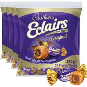 Cadbury Eclairs Original Toffee (200 Pieces) - Pack of 4 x (50 Pieces) x 230g - Caramel Toffee with Cocoa Cream Centre