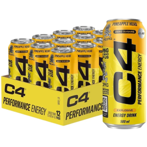 C4 Pineapple Head Zero Sugar Performace Energy Drink PMP - Packof 12 x 500ml Cans - Low Calorie Fizzy Drinks
