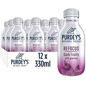 Purdey’s Refocus Dark Fruits Natural Energy Sparkling Drink – Pack of 12 x 330ml – With Guarana, Best Before: July 2026