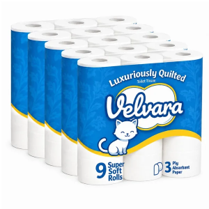 Velvara 3-Ply Luxuriously Quilted Toilet Tissue - Pack of 45 Rolls (5 x 9Rolls) - Super Soft & Absorbent Paper 