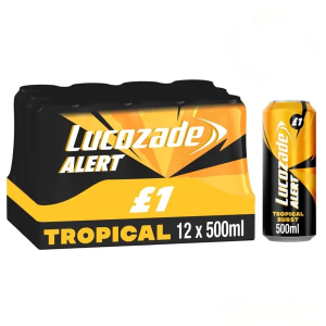 Lucozade Alert Tropical Burst Energy Drink PMP, Pack of 12 x 500ml - High Caffeine + Vitamin B3