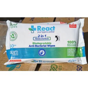React Biodegradable Anti-Bacterial Wipes 2 in 1 Hands and Surfaces 60pcs