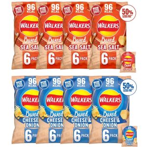 Walkers Baked Assorted Crisps - Pack of 48 (8x6pk) x 22g, Included Flavours: 24x Sea Salt and 24x Cheese & Onion