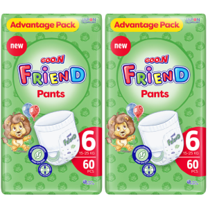 GOO.N Friend Pants Size 6 (15-25kg) Advantage Pack of 2x60pcs (Total - 120 Nappies) Hypoallergenic Kind on Skin, Thin Structure, Easy Movement