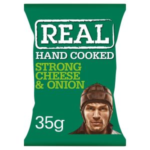 Real Hand Cooked Strong Cheese & Onion Potato Crisps 35g x 24 BBE 06/04/24