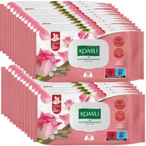 KOMILI Rose-Scented Wet Cleaning Wipes - Pack of 24 x 90 (2160 Wipes) - Olive Oil, Soft Honeycomb Texture, Dermatologically Tested, pH-Balanced