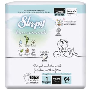 Sleepy Bio Natural  Premium Plus Baby Diaper 64 Pcs ,1 Newborn (2-5kg)