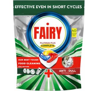 Fairy Platinum Plus Complete Dishwasher Tablets 40 Lemon Capsules with Anti-Dull Technology & Rinse Aid Effect Effective in Short Cycles