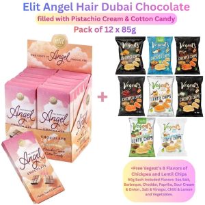 Elit Angel Hair Dubai Chocolate - Pack of 12 x 85g + FREE Vegeat’s 8-Flavour Chickpea & Lentil Chip 50g Each (Sea Salt, Barbecue, Cheddar, Paprika, Sour Cream & Onion, Salt & Vinegar, Chilli & Lemon, Vegetables)