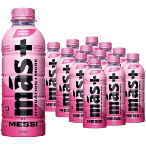 Mas+ By Messi Miami Punch Bottle - Pack of 12 x 500ml - Hydration Sports Drink with Electrolytes and Vitamins