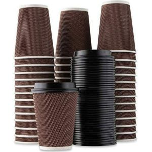 8oz VIP Brown Ripple Wall Paper Disposable Cups with Black Lid  - Pack of 100, Perfect for Hot & Cold Beverages