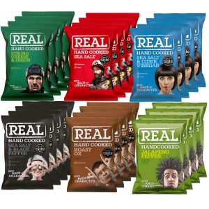 Real Hand Cooked Potato Crisps Mix Case 24 x 35g (x4 Roast Ox, x4 Strong Cheese & Onion, x4 Sea Salt, x4 Sea-Salt & Cider Vinegar, x4 Jalapeno Pepper, x4 Sea-Salt & Black Pepper)
