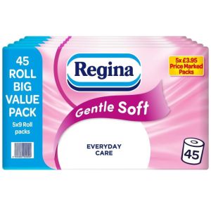 Regina Gentle Soft Toilet Tissue 45 Rolls of 3 Ply Toilet Paper PMP- Pack of 5 x 9 Roll - 160 Sheets, Soft and Gentle, Everyday Care