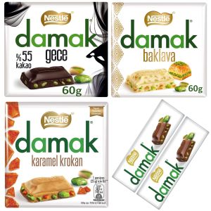 Nestle Damak Mix - Baklava, Fine Dark Chocolate (BB:30.09.2025), Milk Chocolate (30.11.2025), Caramel Croquant White Chocolate with Pistachio (BB: 06.09.2025) - Pack of 4x60g