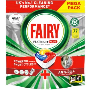 Fairy Platinum Plus All-in-One Lemon Dishwasher Capsules – 77 Washes - Powerful Clean Even in Short Cycles + Anti-Dull Technology