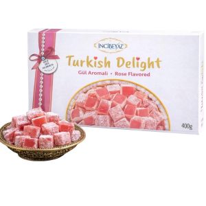 Incibeyaz Rose Flavored Turkish Delight 400g - Made With Beet Sugar - Halal & Gluten Free
